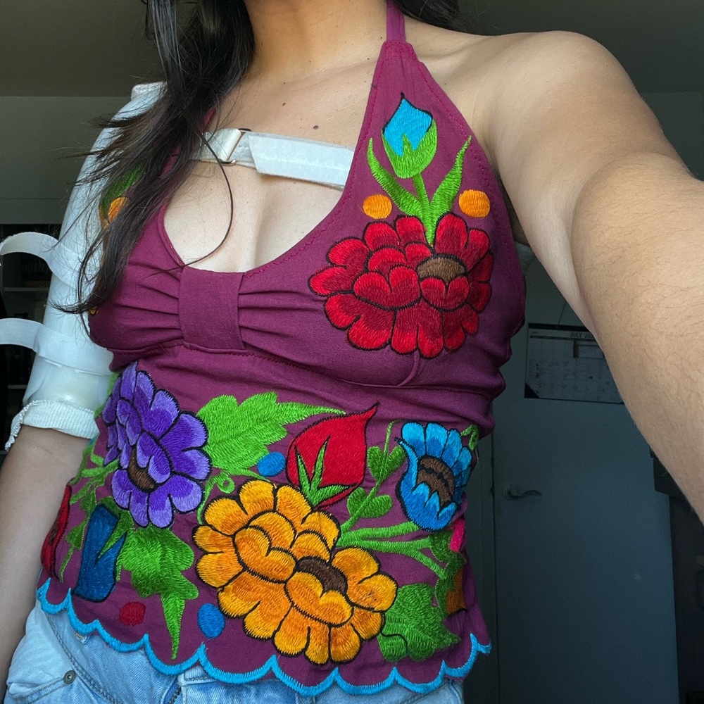 Embroidered Floral Halter Top